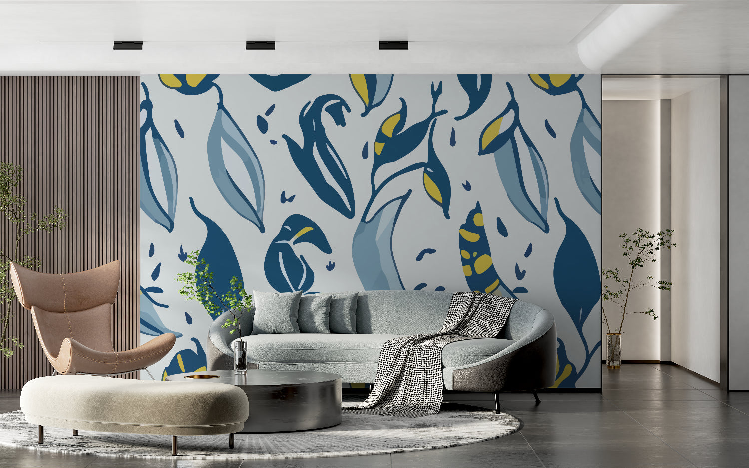 Modern abstract leaf wallpaper in navy and yellow creating a striking feature wall in a minimal living room