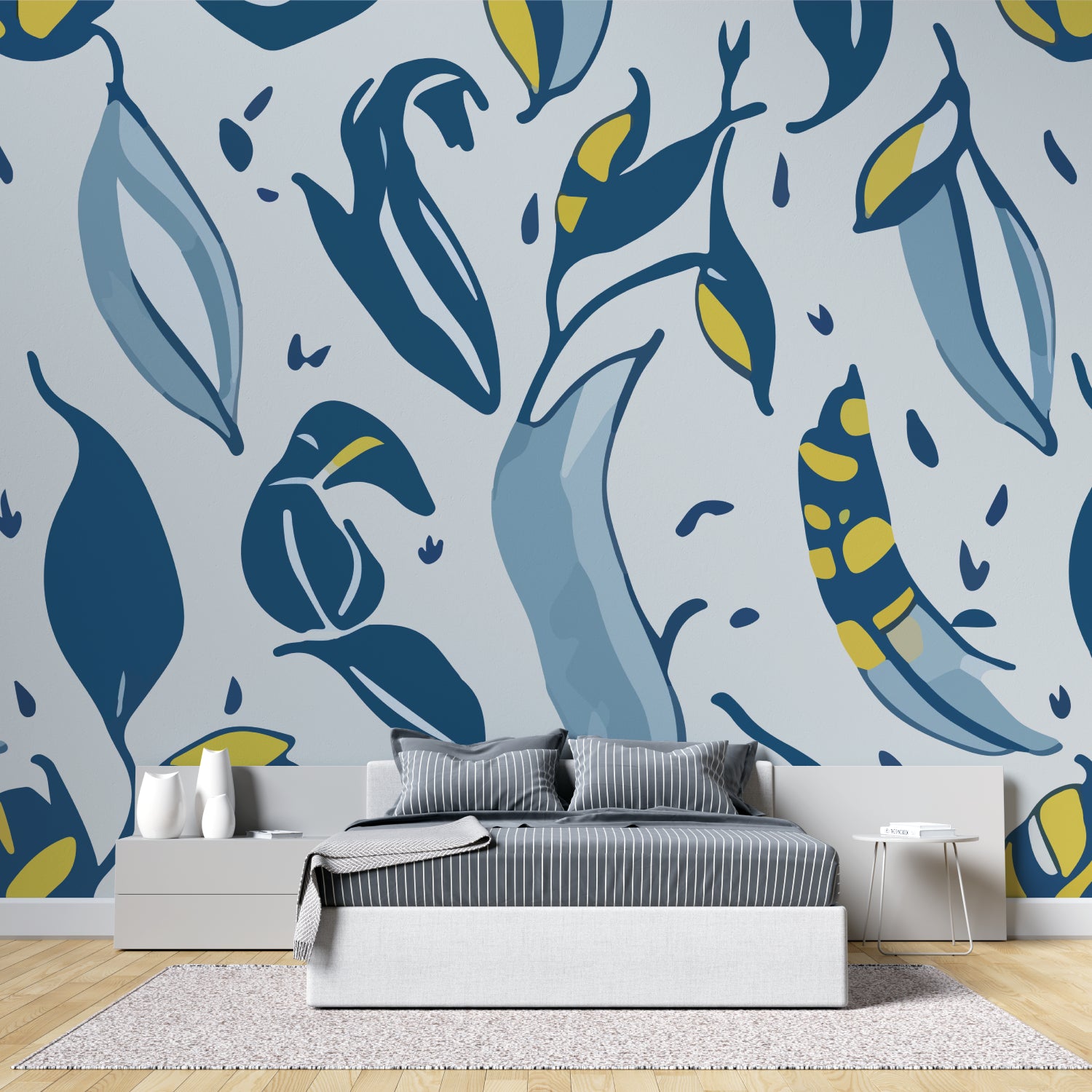 Blue and yellow abstract leaf pattern mural adding style to a contemporary home office