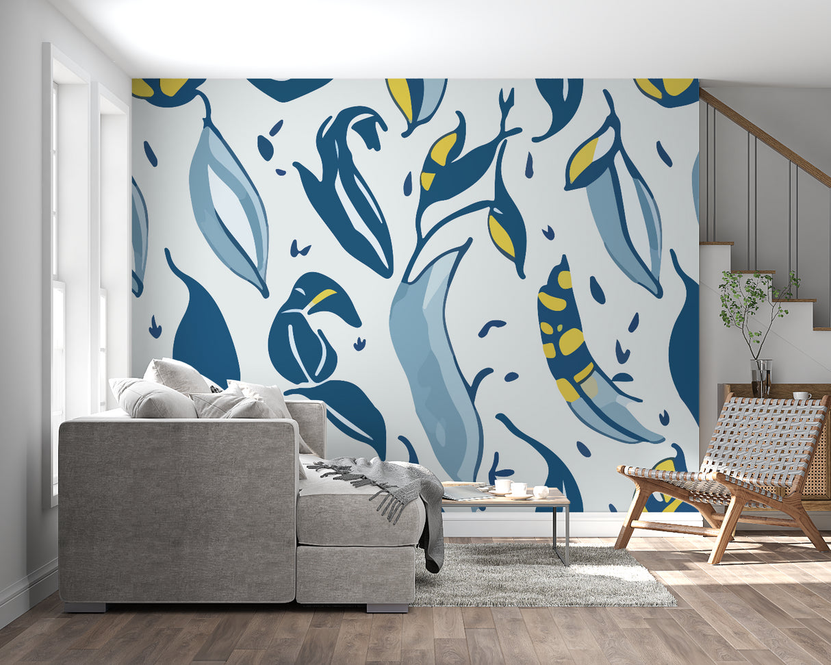 Abstract leaf wallpaper bringing modern flair to a dining room with blue and yellow accents