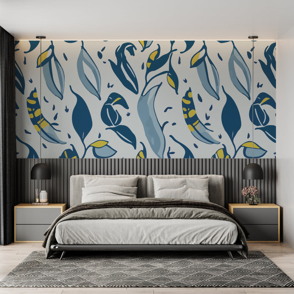 Navy blue and yellow leaf pattern wallpaper creating depth in a modern bedroom
