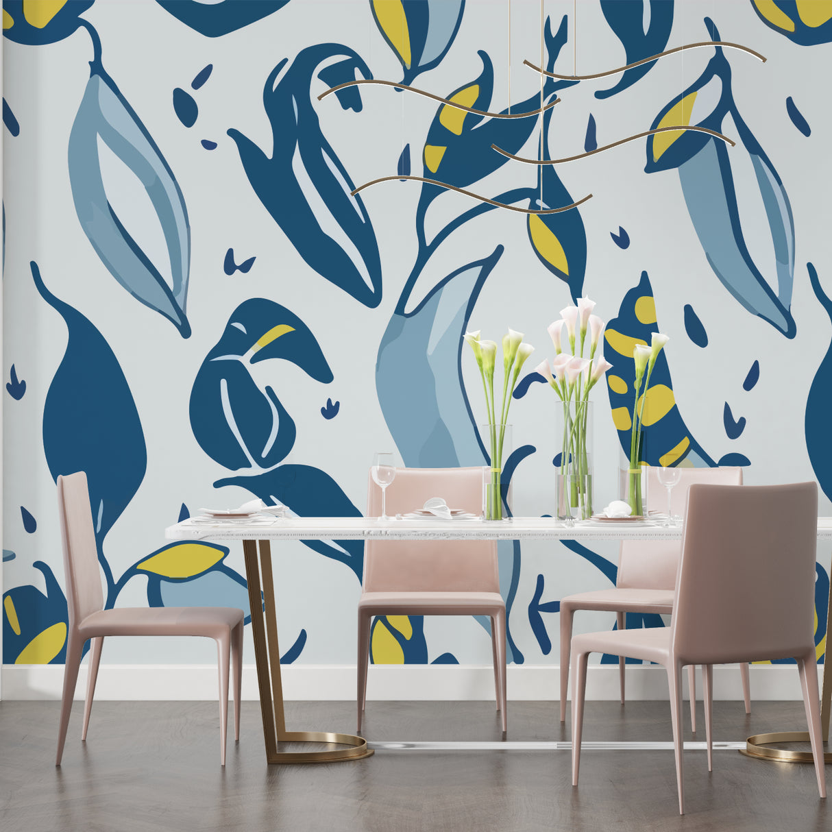 Modern botanical wallpaper design transforming an entrance hallway with bold navy and yellow leaves