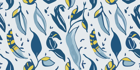 Design file showing detailed abstract leaf pattern in navy blue and yellow on light gray background