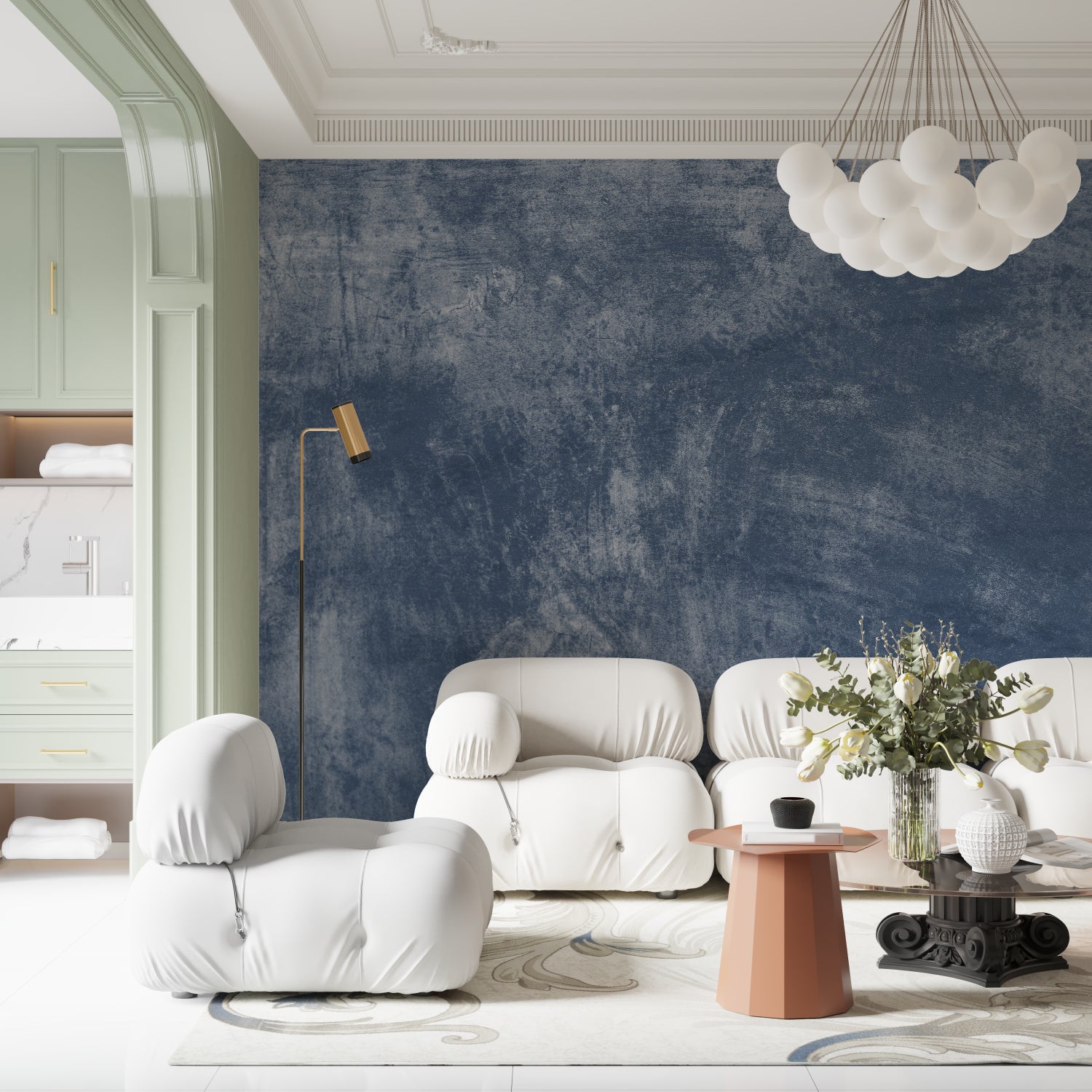 Abstract blue stone wallpaper creating depth in a modern dining room setting
