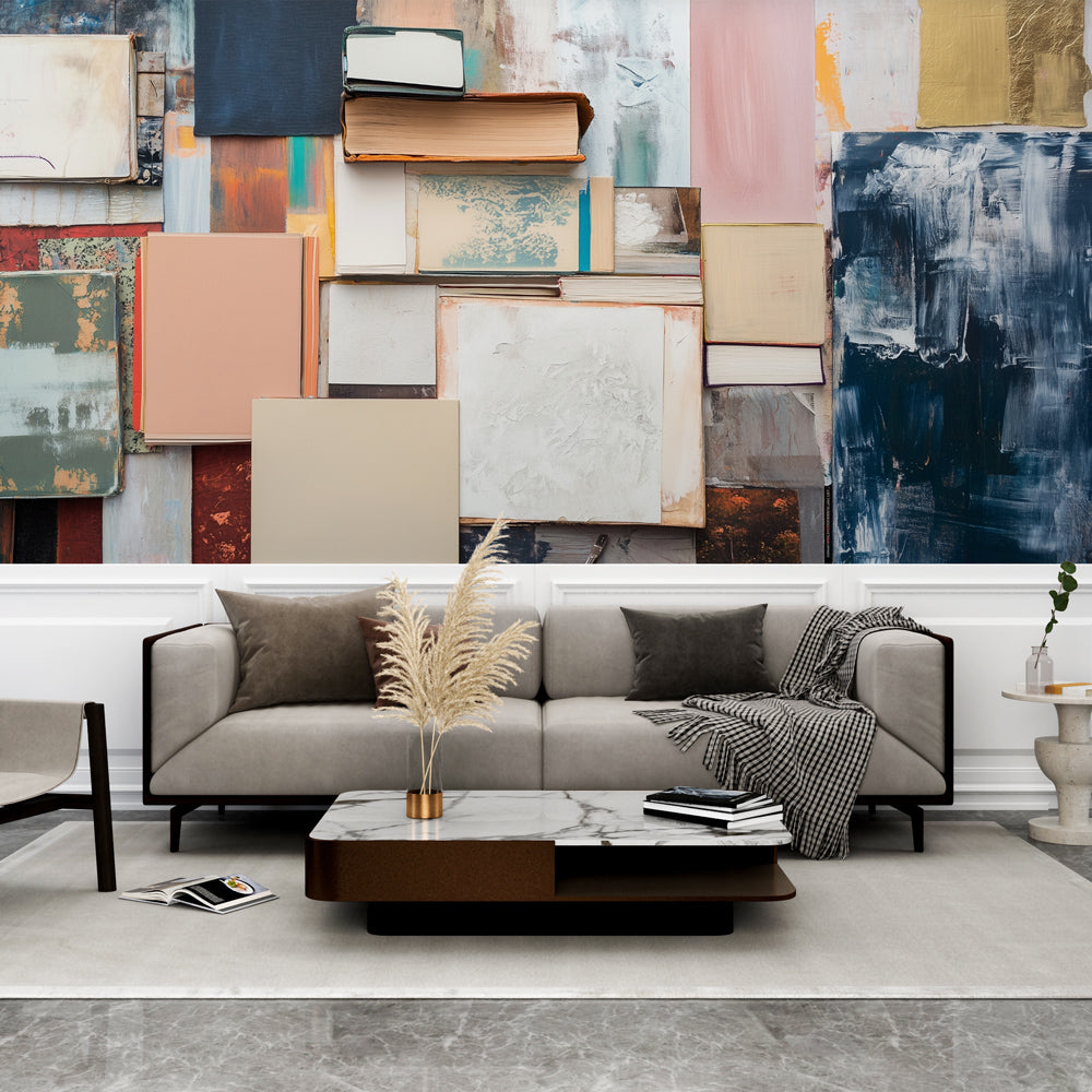 Modern abstract book wallpaper creating a stylish backdrop in a minimalist home office with natural light