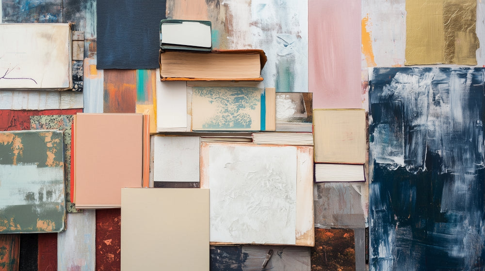 Abstract book collection wallpaper design file showing geometric patterns and soft color palette