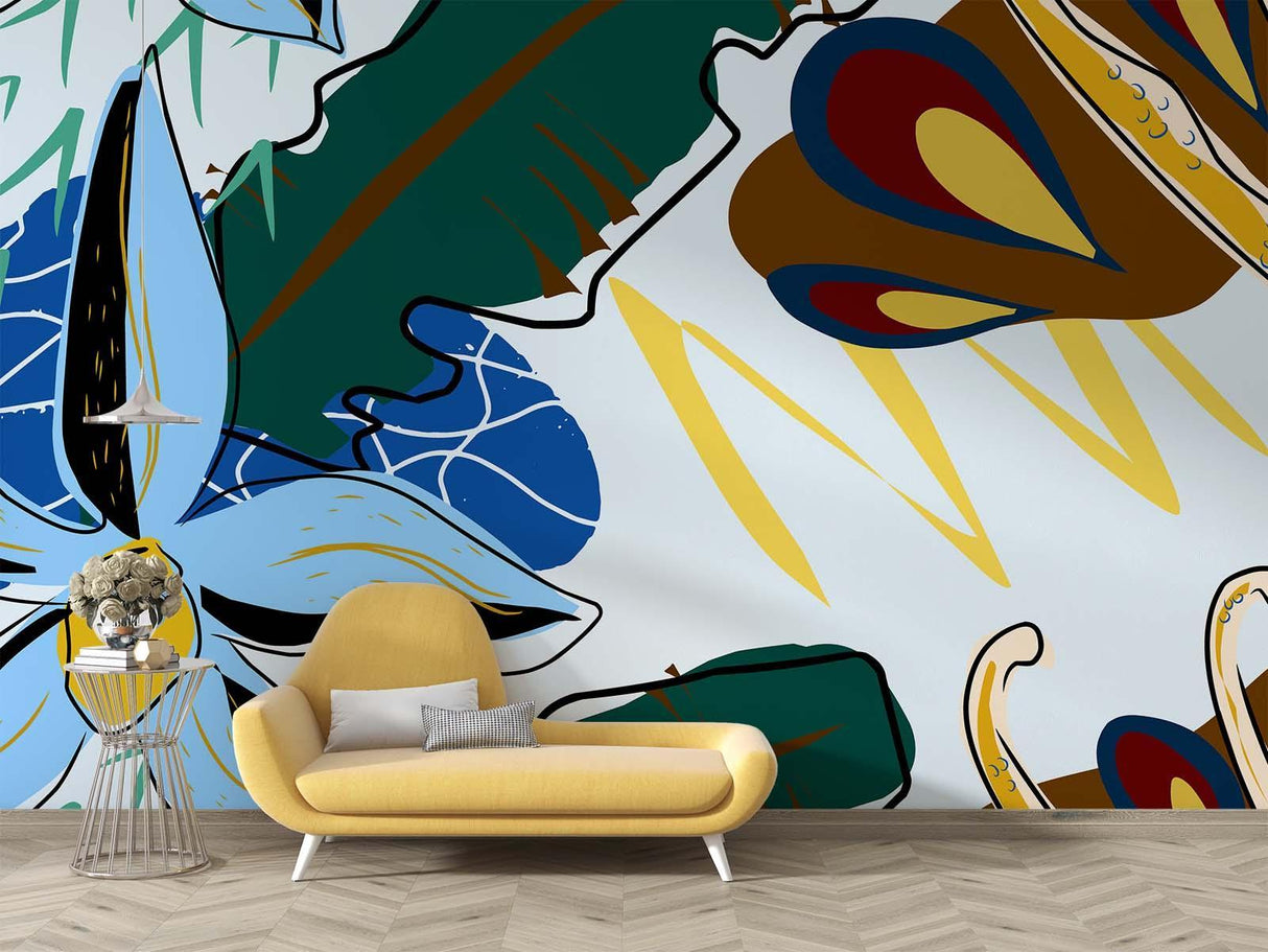 Modern botanical abstract wallpaper creating a stunning focal point in a bright living room with minimal furniture