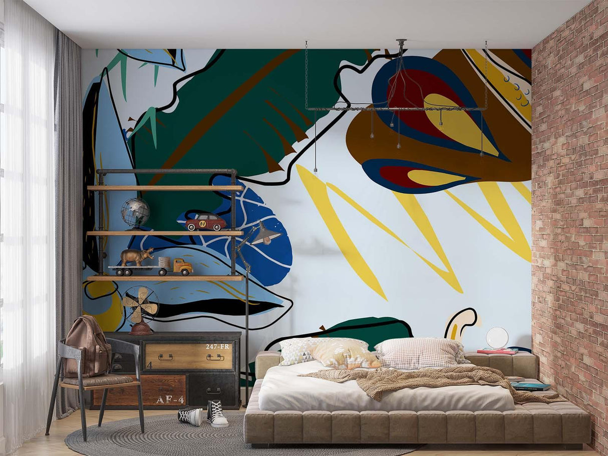 Abstract blue and gold botanical mural wallpaper in a modern home office setting