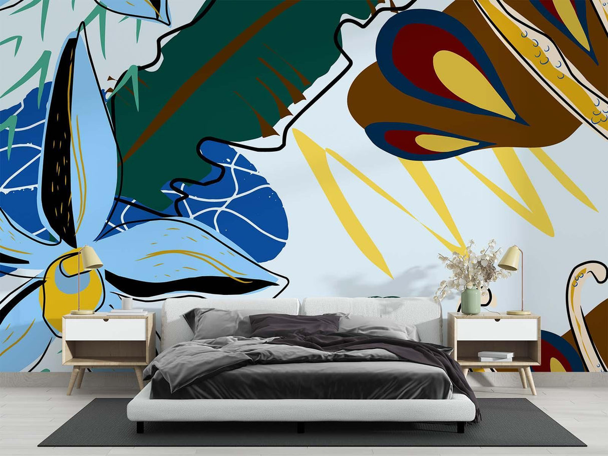 Contemporary dining room featuring abstract botanical wallpaper with blue and gold accents