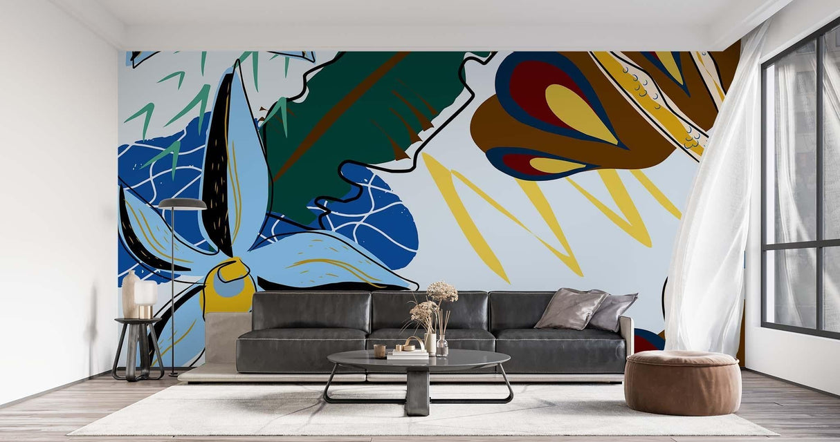 Modern master bedroom wall decorated with abstract botanical art mural in blue and gold tones