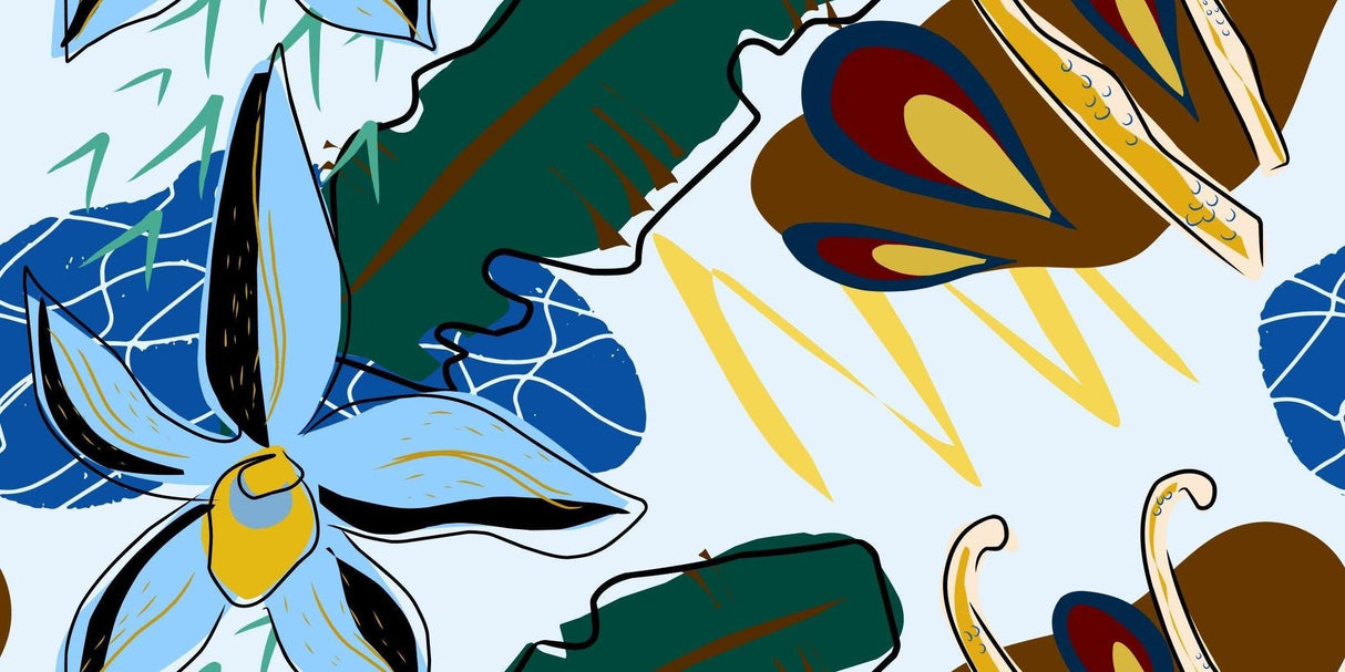 Design file showing detailed abstract botanical pattern with blue shapes and golden accents on white background