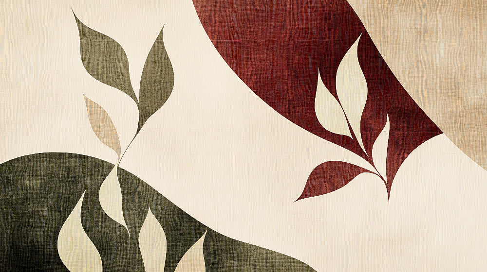 Modern botanical wallpaper with terracotta and green abstract design shown in a bright contemporary living room setting