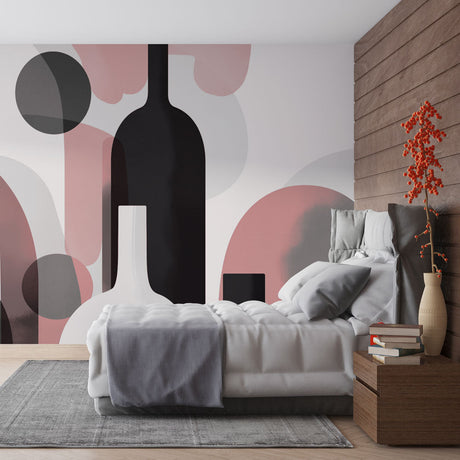 Modern abstract wallpaper with pink and black bottle design creating a sophisticated atmosphere in a bright living room