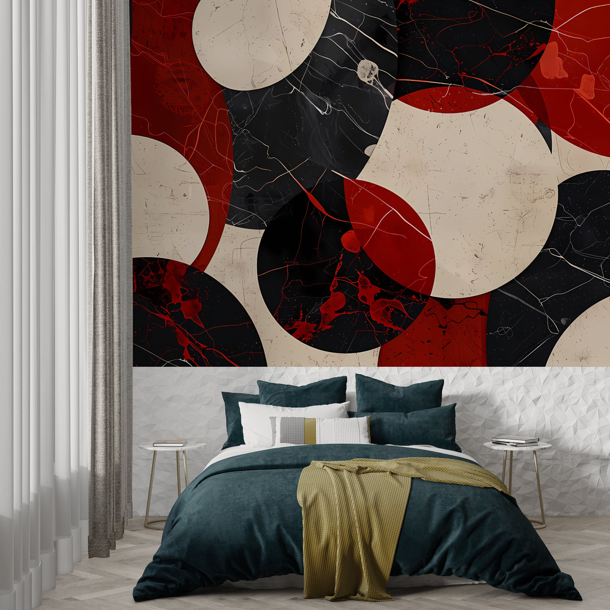 Modern abstract circle wallpaper in red and black making a bold statement in a minimalist living room