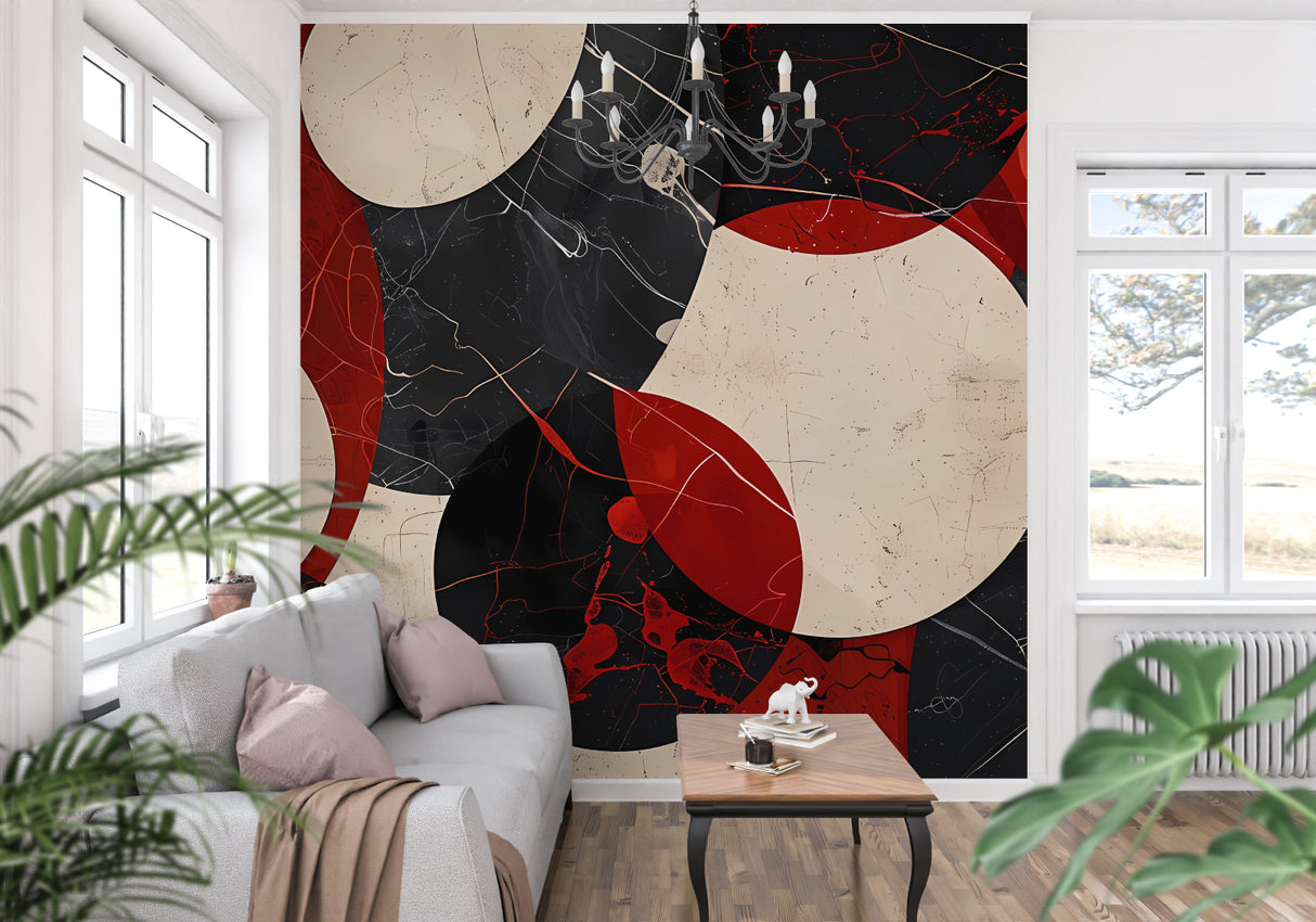 Red and black geometric circle wallpaper creating drama in a contemporary dining room
