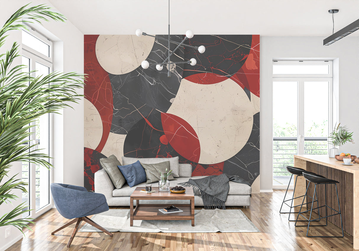 Abstract circle wall mural bringing energy to a modern home office space