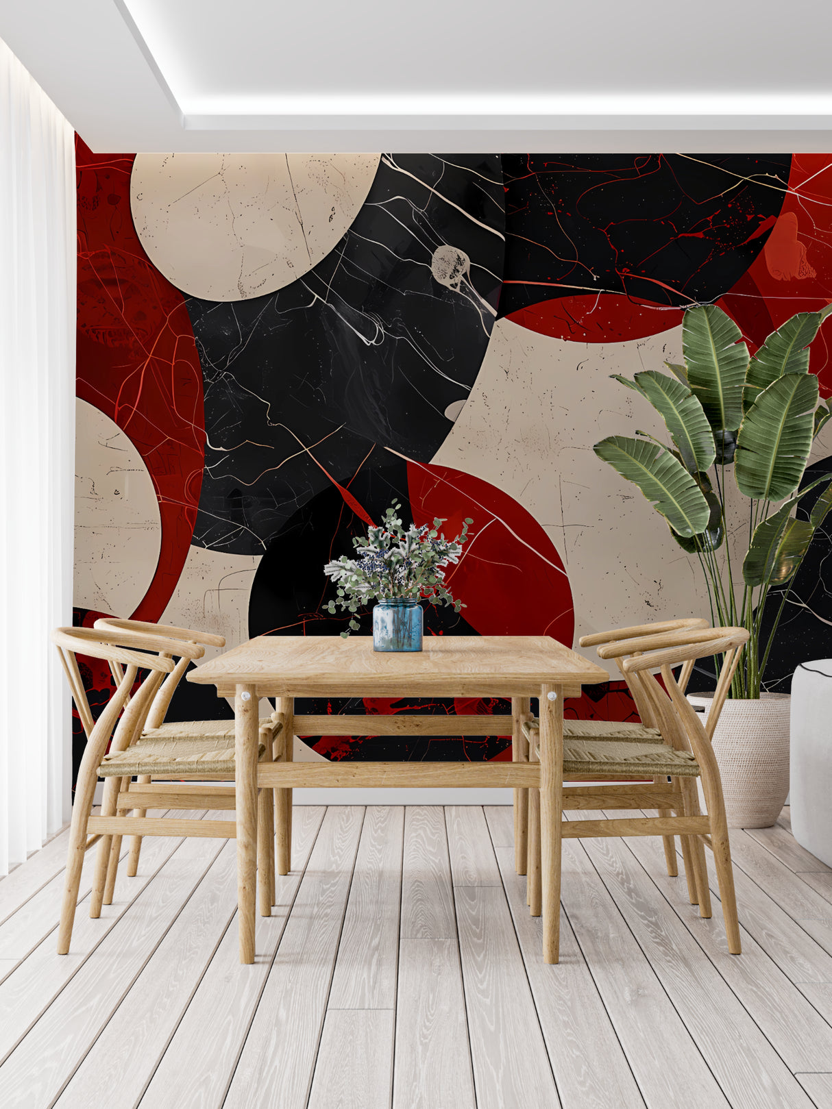 Modern red circle wallpaper design making a statement in an urban bedroom