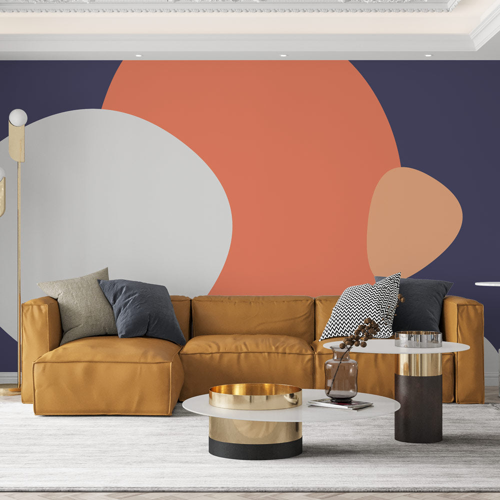 Modern Abstract Circular Wallpaper in warm terracotta tones creating a cozy atmosphere in a minimalist living room