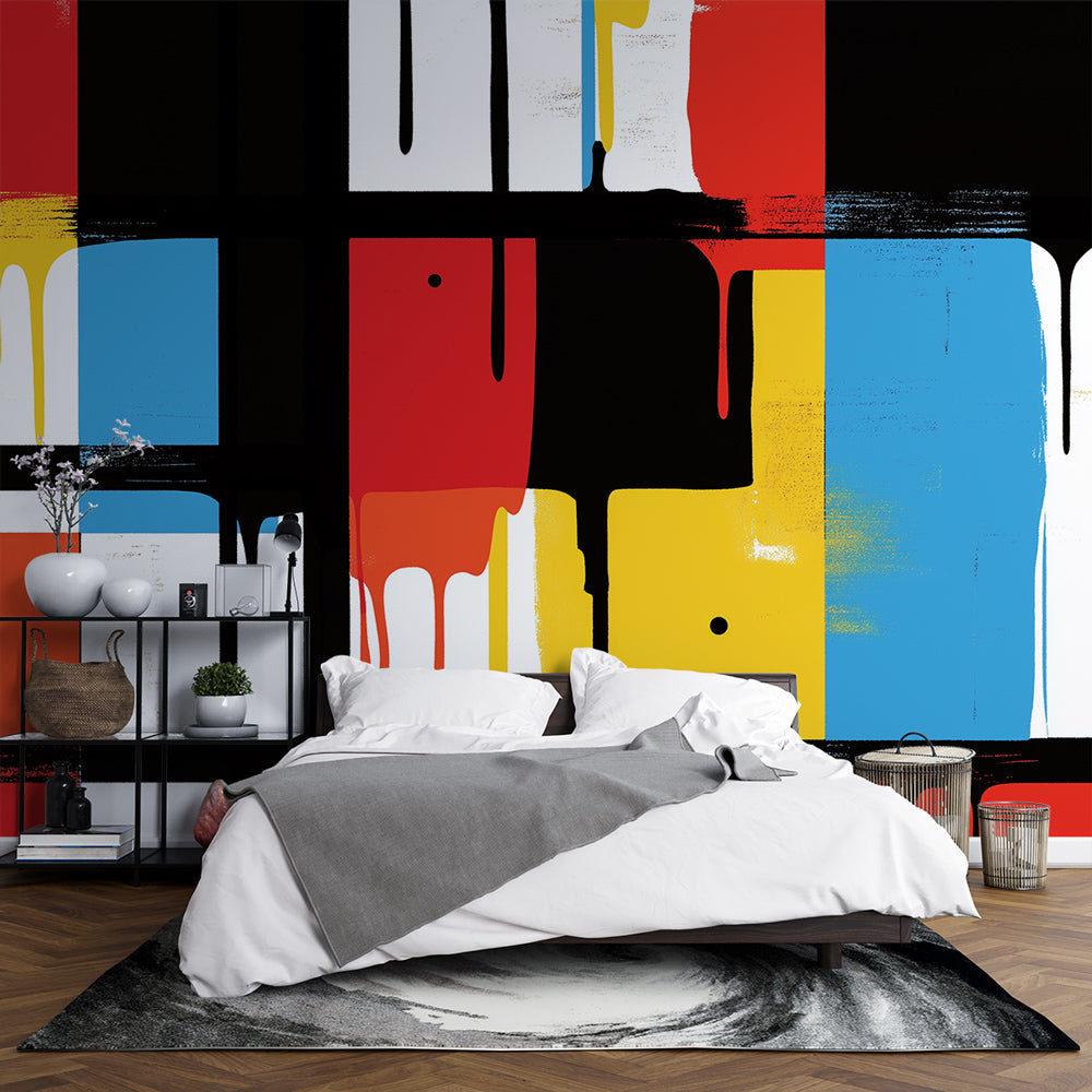 Modern abstract color block wallpaper creating a stunning focal point in a minimalist living room with natural light