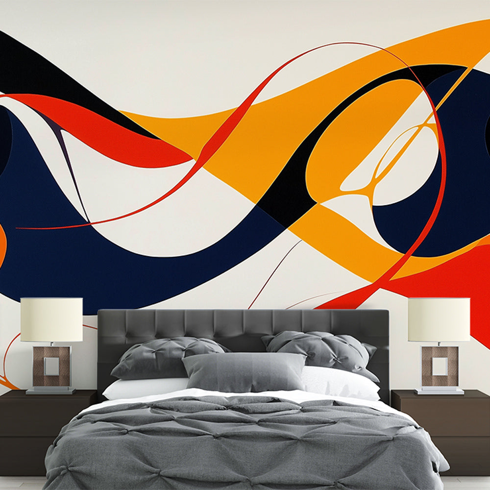 Modern abstract wall mural with navy and orange curved lines creating movement in a minimalist living room setting