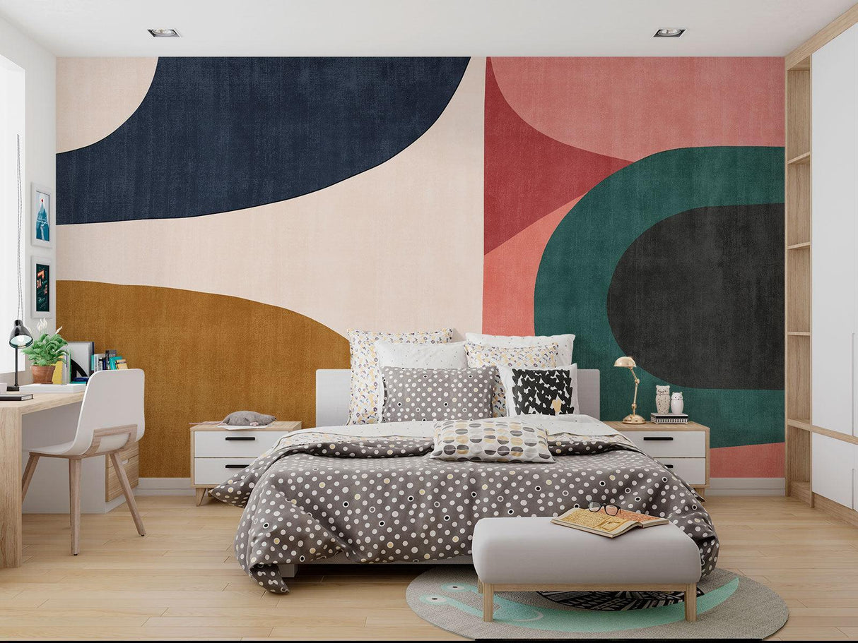 Abstract curved shapes wallpaper in modern living room with gray sofa and natural light