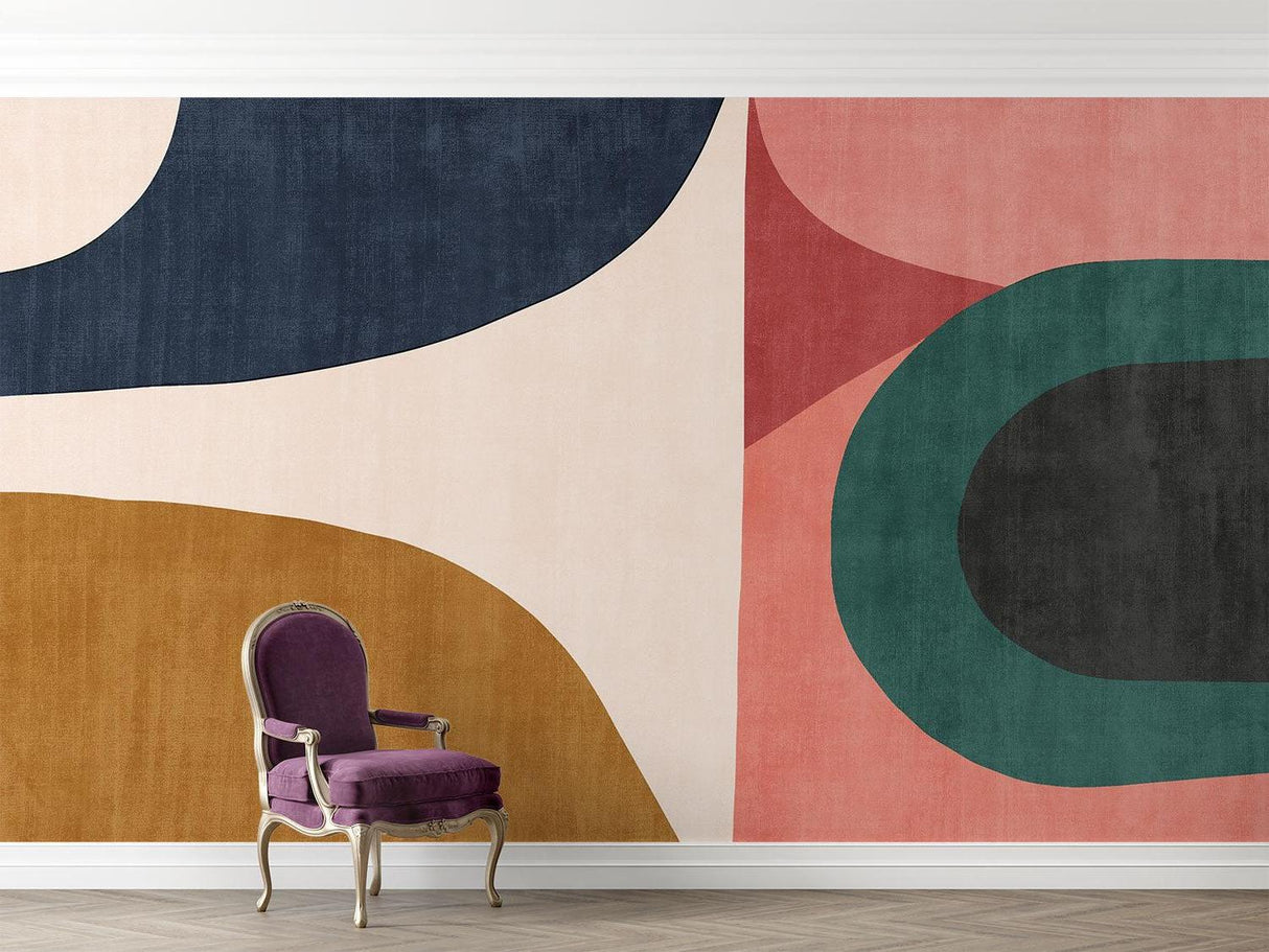 Earth tone abstract wall mural in minimalist dining room setting