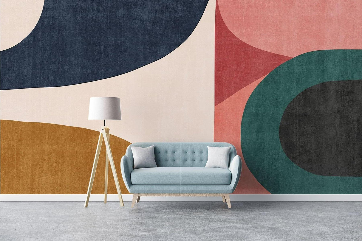 Modern curved shapes wallpaper creating focal point in home office