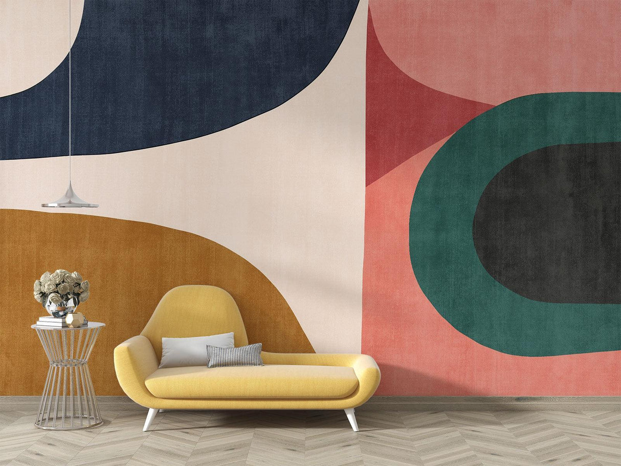 Abstract geometric wallpaper in master bedroom with modern furniture