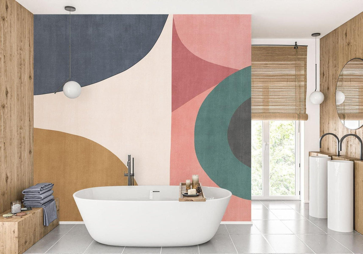 Earth tone wall mural in contemporary hallway with pendant lighting