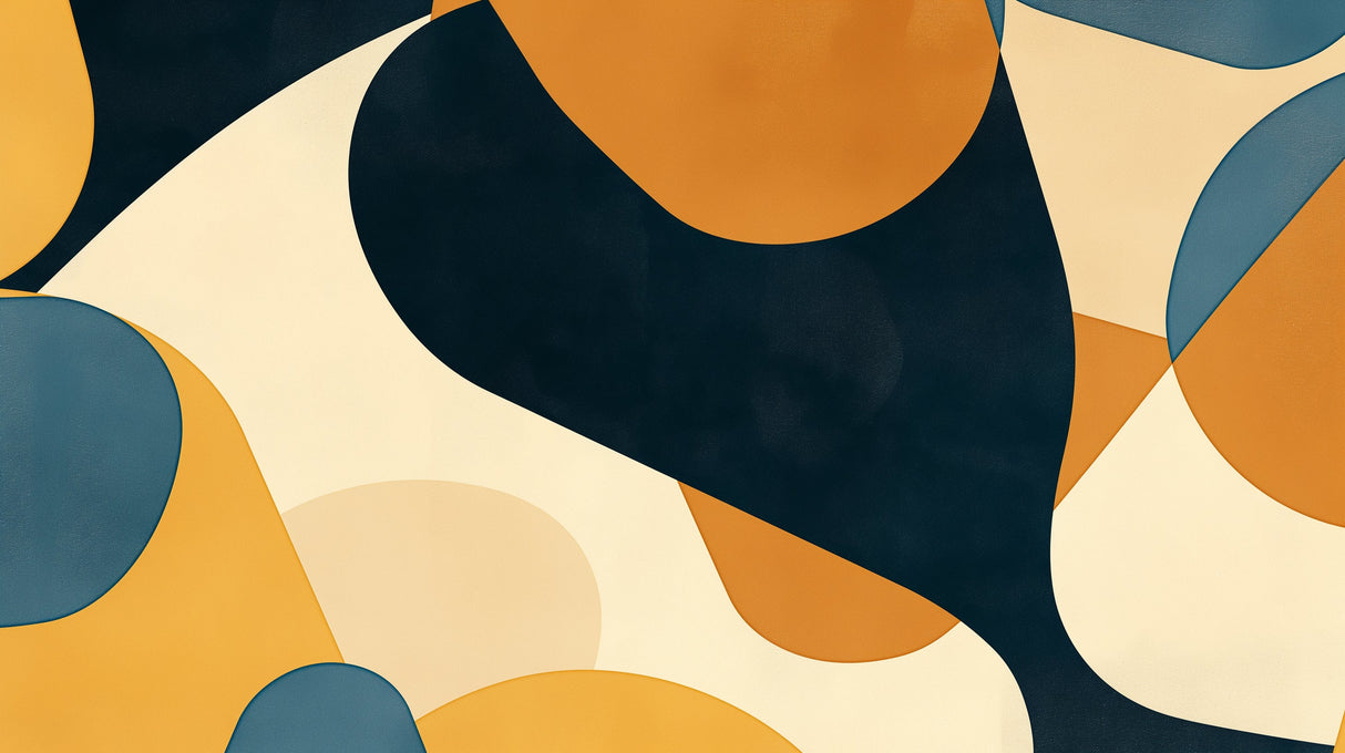 Modern abstract wallpaper with navy and gold curves creating depth in a minimalist living room setting