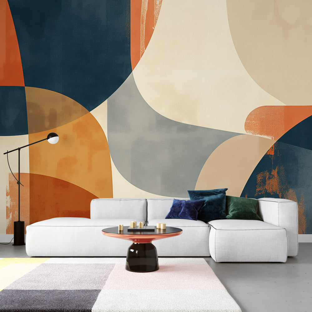 Modern abstract wallpaper with curved design shown in a bright living room setting with minimalist furniture