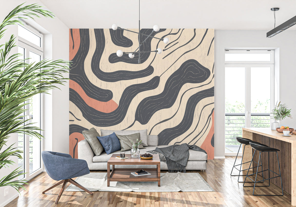 Abstract wall design in hallway setting showing full pattern repeat