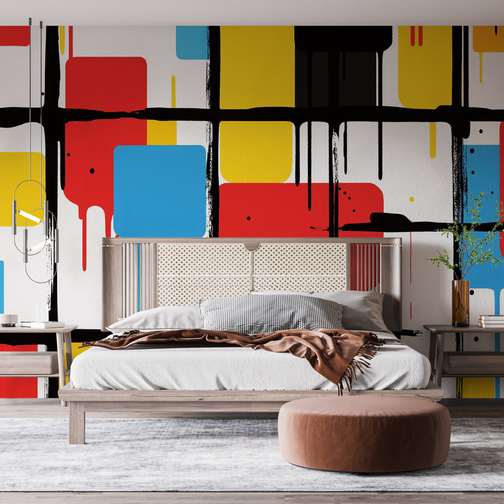 Modern abstract geometric wallpaper with dripping cubes design displayed in a minimalist living room setting