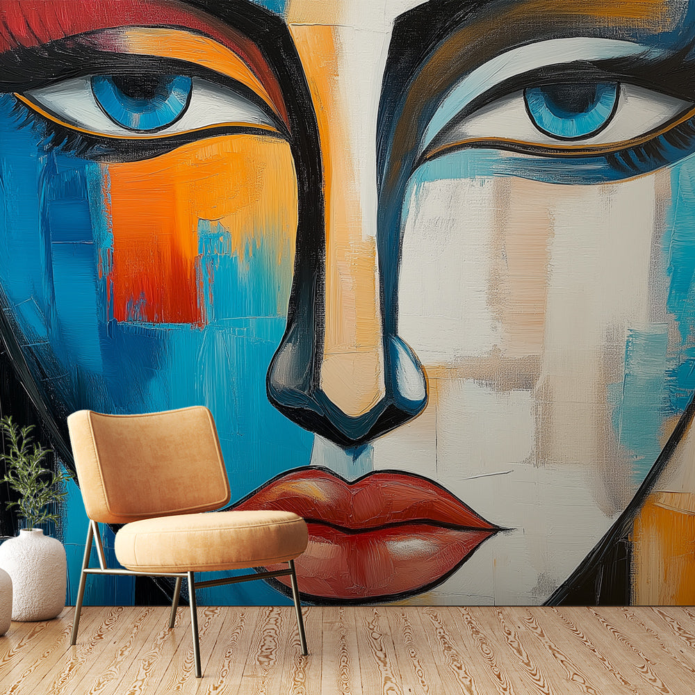 Modern abstract face wallpaper bringing artistic flair to a minimalist living room with blue and orange color scheme