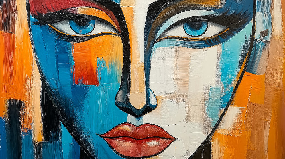 Abstract face art design file showing detailed blue and orange pattern with geometric shapes