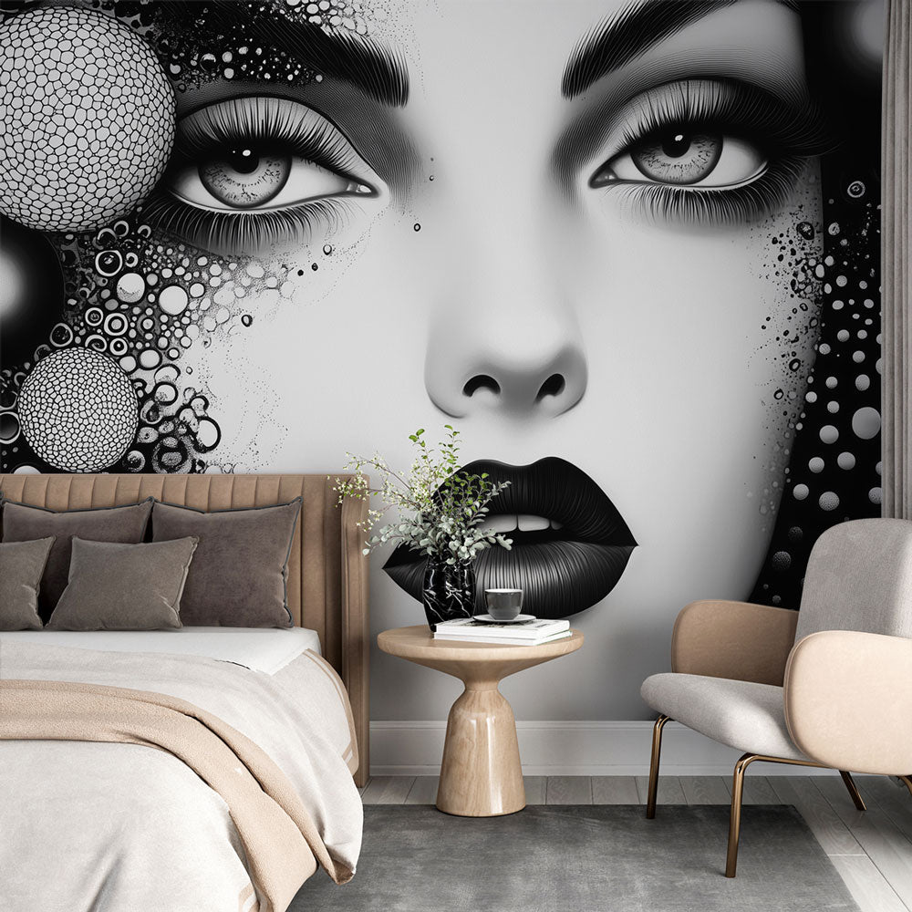 Modern abstract face wallpaper creating a striking focal point in a minimalist living room with white furniture