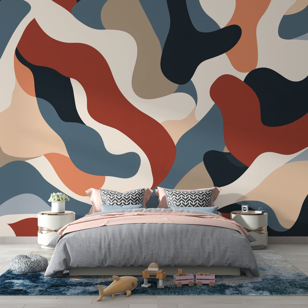 Modern abstract mural wallpaper with fluid shapes creating a striking focal point in a minimalist living room setting