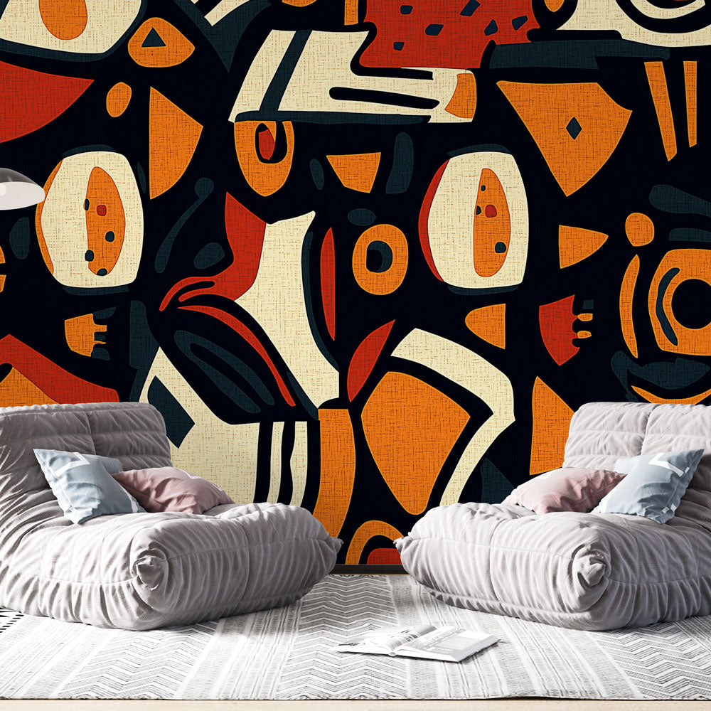 Modern abstract geometric wallpaper in terracotta tones creating a stunning focal point in a minimal living room setting