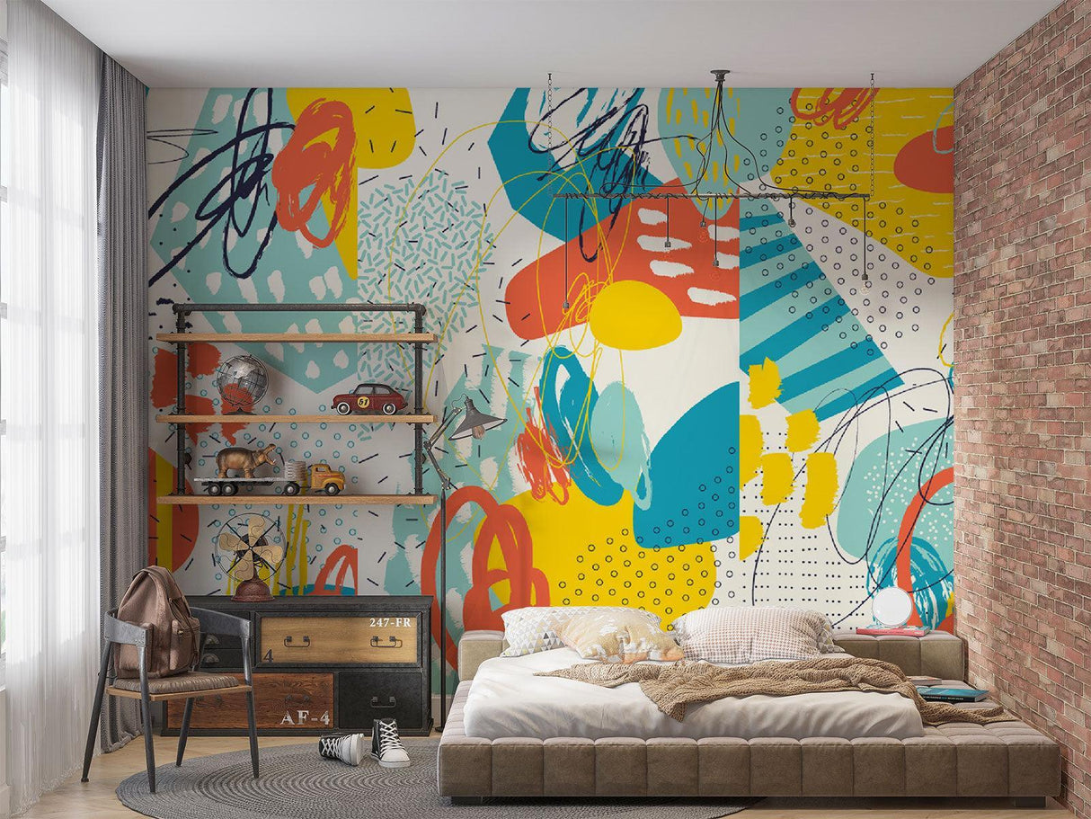 Modern geometric wallpaper bringing vibrant energy to a minimalist living room with teal and yellow accents