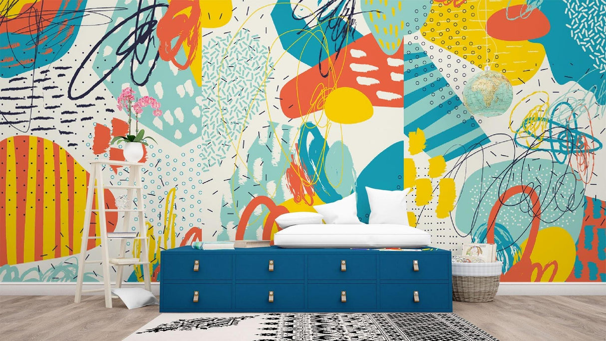 Abstract wall mural transforming a home office with dynamic geometric patterns