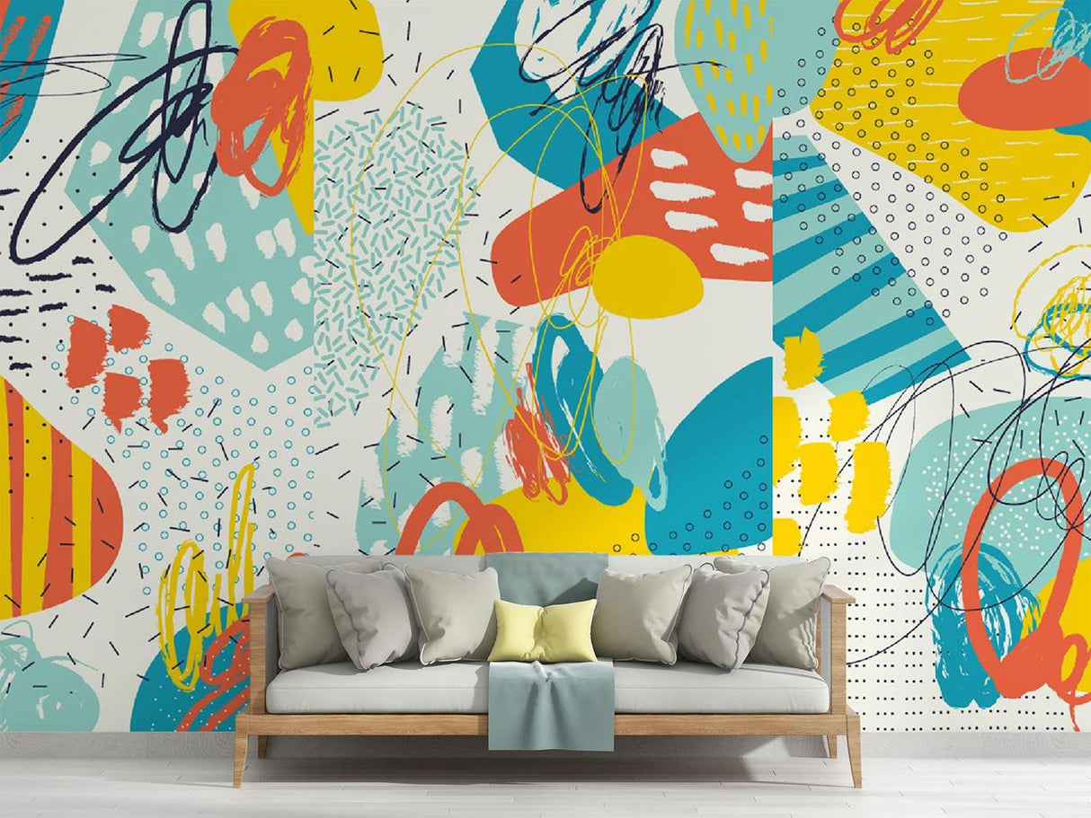 Geometric pattern wallpaper creating a focal point in a modern dining room