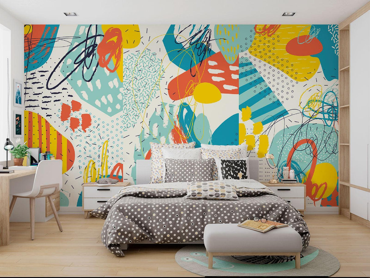Teal and yellow abstract wallpaper adding energy to a teen bedroom