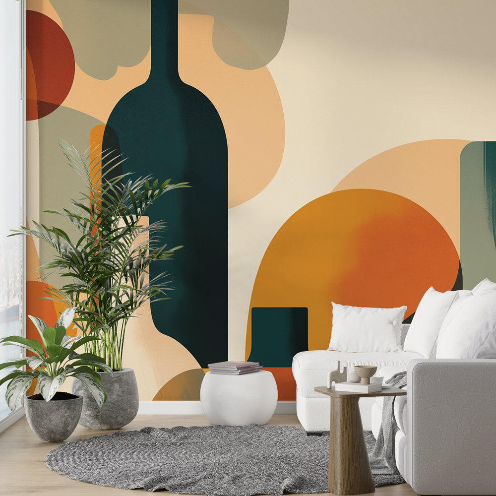 Modern geometric wallpaper with bottle design adding style to a bright dining room with mid-century furniture