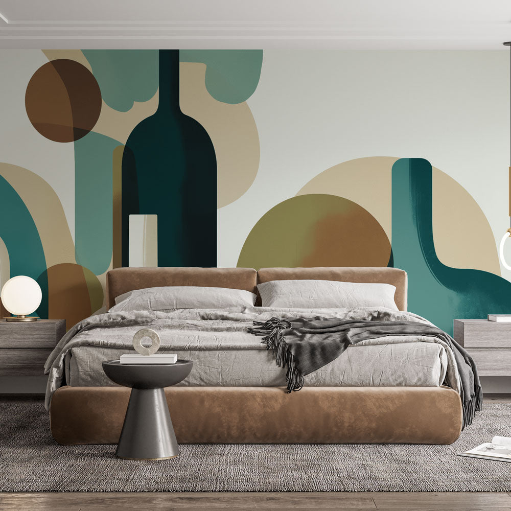 Modern geometric bottle wallpaper creating an artistic statement wall in a contemporary dining room with emerald and beige tones