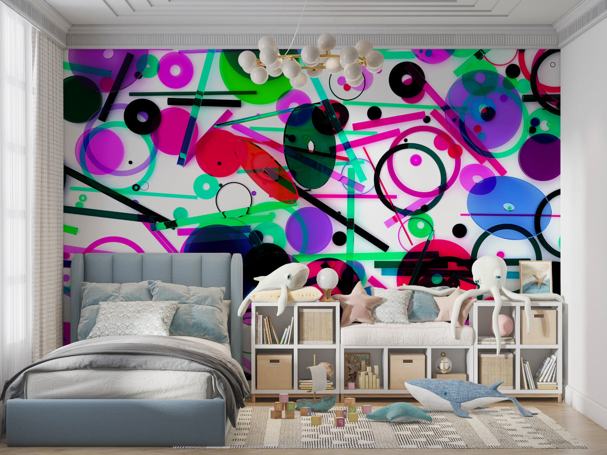 Modern geometric wallpaper with circles and lines creating a bold statement in a minimalist living room