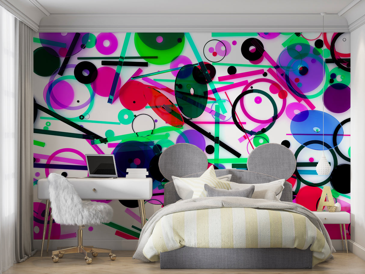 Abstract geometric circles wallpaper adding energy to a contemporary home office setup