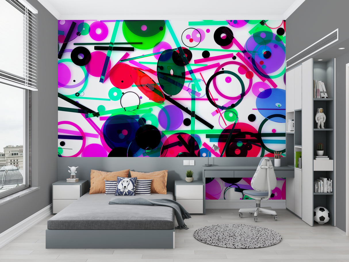Geometric pattern wallpaper with dynamic lines featured in a modern dining room