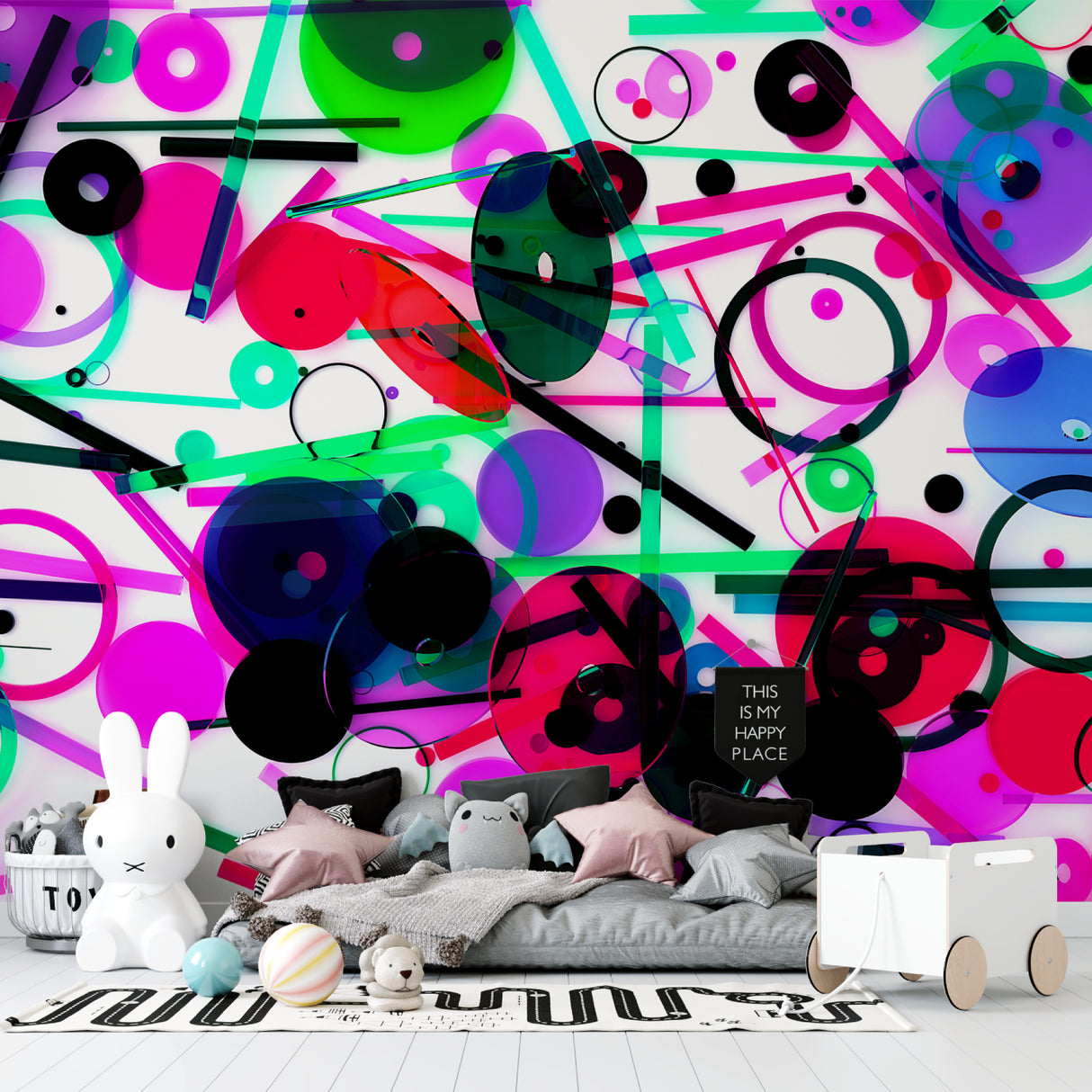 Modern abstract wallpaper with circles transforming a creative studio space