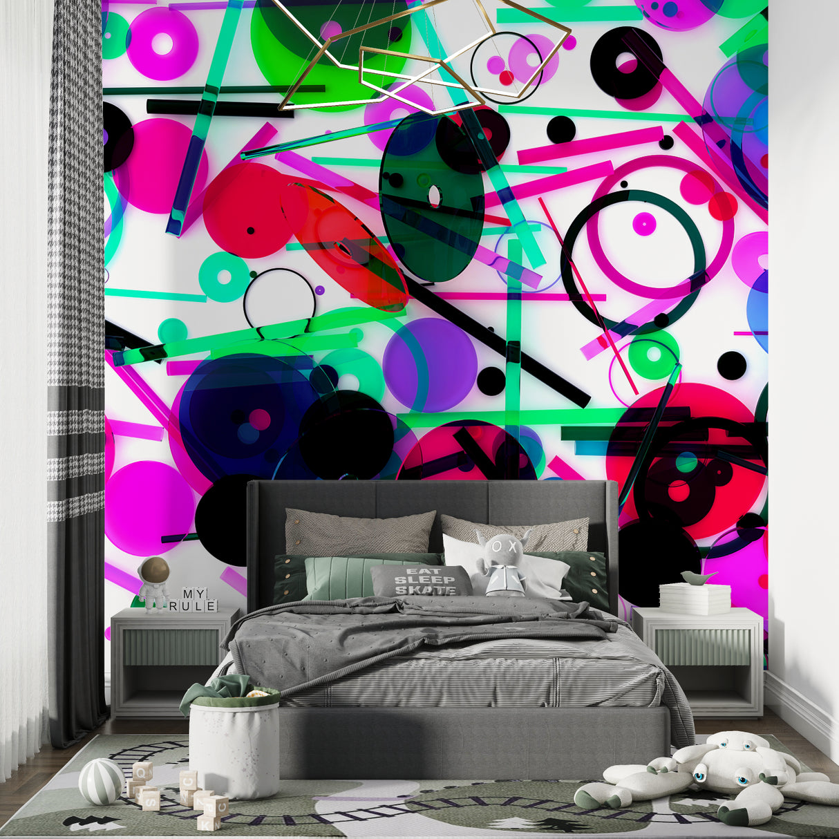 Contemporary geometric wall design showcased in a trendy retail space