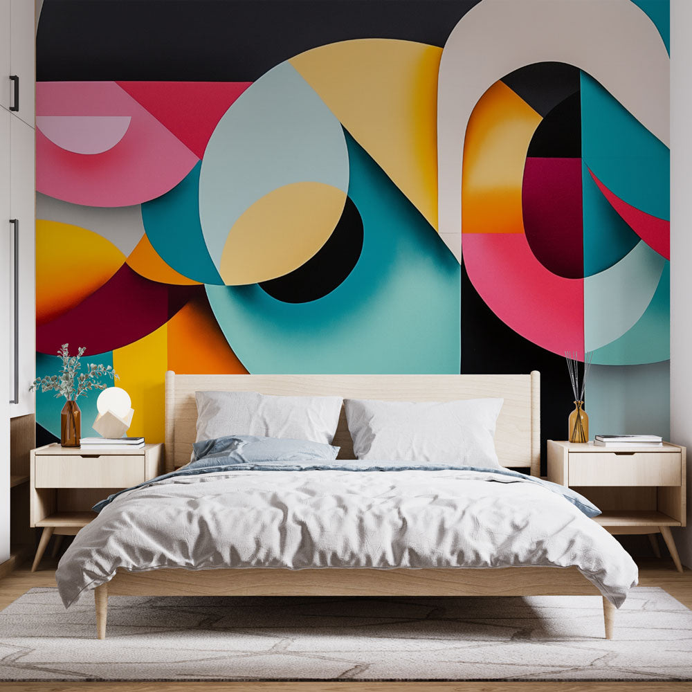 Modern geometric wallpaper with bold curved shapes bringing life to a minimalist living room with contemporary furniture