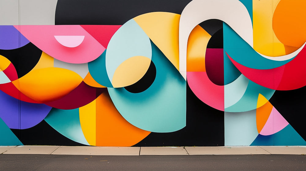 Abstract geometric curves design file with turquoise, yellow, and coral colors in high resolution